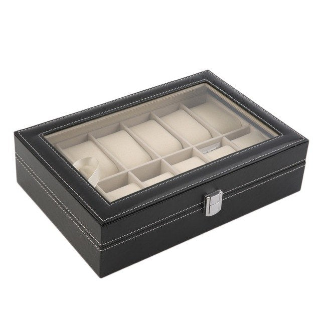 12 Slots Grid PU Leather Watch Display/Jewelry Box