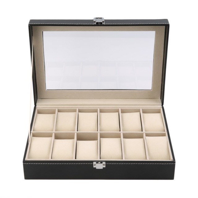 12 Slots Grid PU Leather Watch Display/Jewelry Box