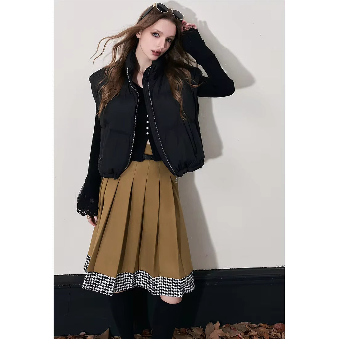 Women's Elegant Mid-Length Plaid Skirt with Free Belt