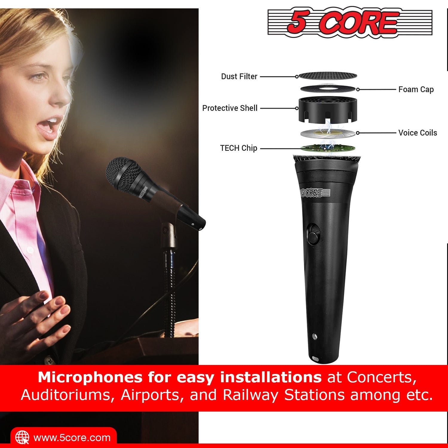 5 CORE Premium Vocal Dynamic Cardioid Handheld Microphone Neodymium, Black (ND 58 BLK)