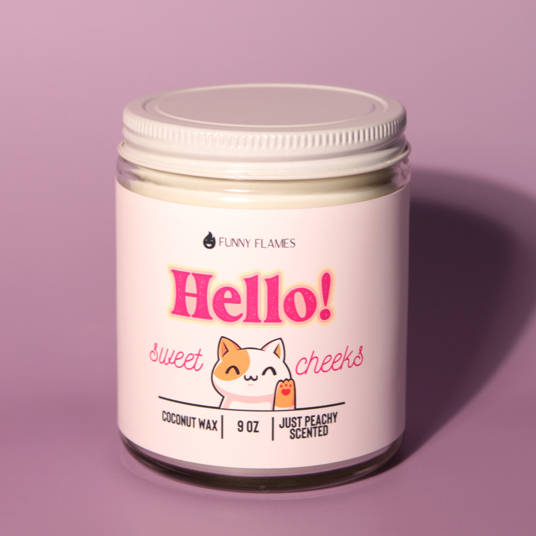 Hello Sweet Cheeks (Funny Cat) Peach Funny Candle