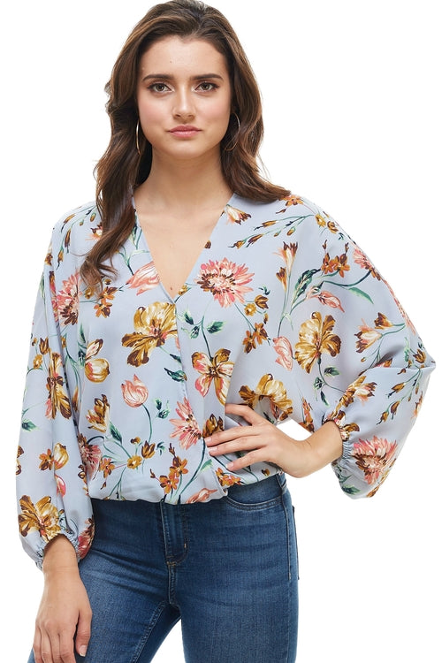 Floral Wide Sleeve Surplice Blouse