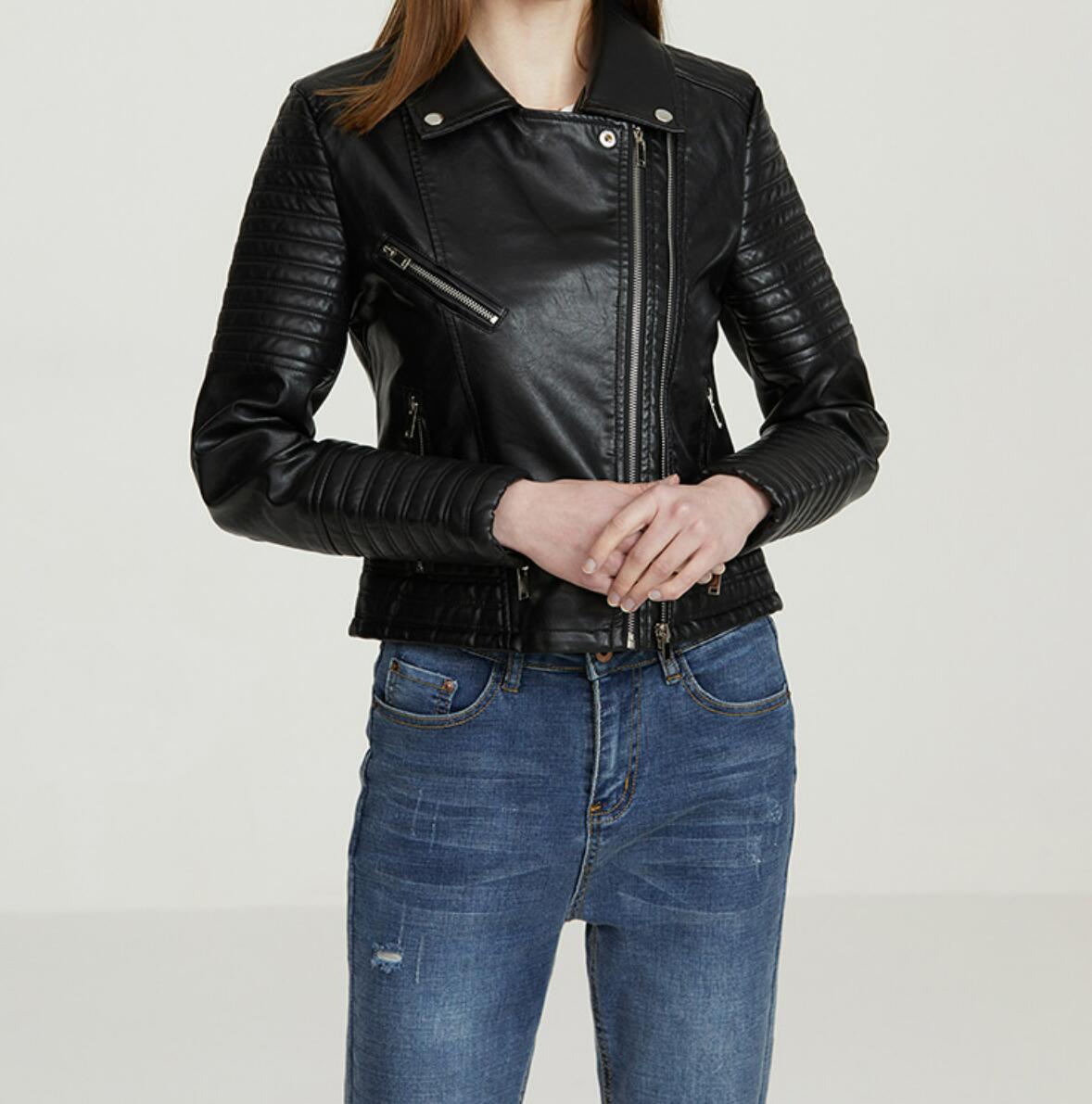 PU Leather Jacket Coat Lapel Full Sleeve Contrast Color Zipper Short