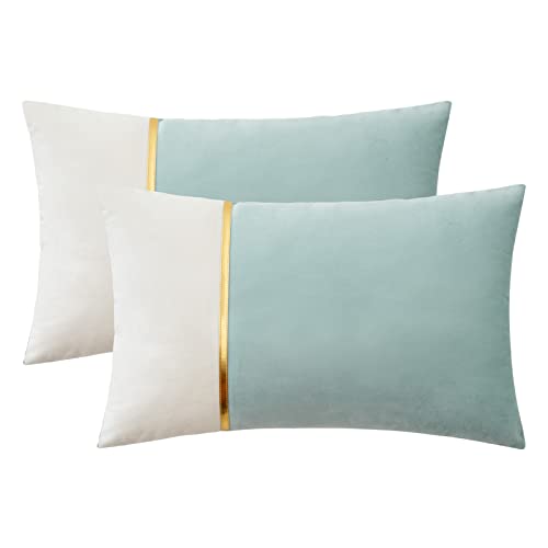 MIULEE Pack of 2 Decorative Patchwork Velvet Throw Pillow Covers with Gold Leather Square Soft Solid Pillowcases Couch Pillows Covers for Bed Sofa Living Room 12 X 20 Inch Aqua Green