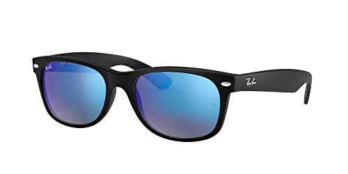 Ray-Ban RB2132 New Wayfarer Square Sunglasses, Rubber Black/Grey Mirrored Blue, 55 mm