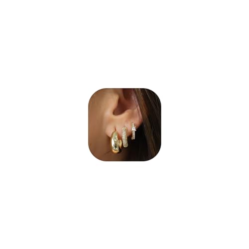 Gold Hoop Earrings Set for Women, Small Cubic Zirconia Gold Earrings Sets for Multiple Piercing, Hypoallergenic Chunky Gold Earrings for Women Jewelry