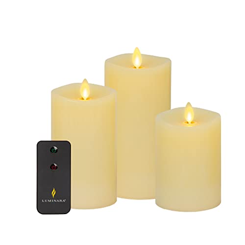 Luminara Realistic Artificial Moving Flame Pillar Candles - Set of 3 - Melted Top Edge, LED Battery Operated Lights - Unscented - Remote Included- 3" x 4.5", 3" x 5.5", 3" x 6.5" (White)