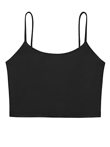 REORIA Women's Summer Sexy Sleeveless Adjustable Spaghetti Strap Cami Camisole Basic Fitted Seamless Yoga Cropped Tank Cute Crop Tops Black Medium