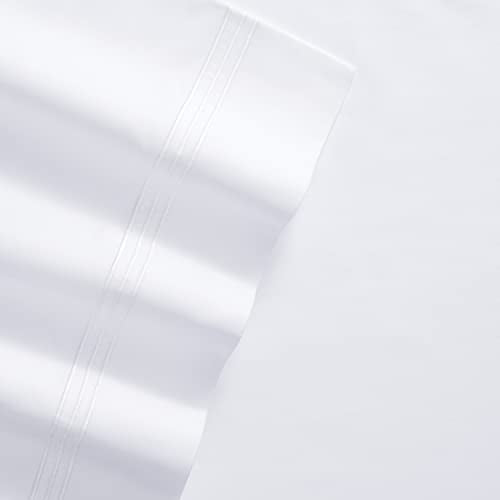 Aston & Arden Sateen Sheet Set - 100% Cotton 600 Thread Count Luxurious Hotel Silky Sheets, Pristine White with Fine Baratta Embroidered 3-Striped Hem, Wrinkle Resistant, Twin, Dove White