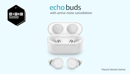 Amazon Echo Buds with Active Noise Cancellation (newest model), Wireless earbuds with active noise cancellation and Alexa, Wireless charging case, Glacier White