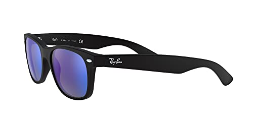 Ray-Ban RB2132 New Wayfarer Square Sunglasses, Rubber Black/Grey Mirrored Blue, 55 mm