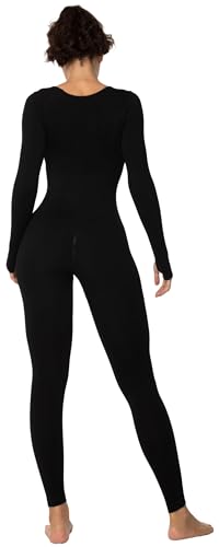 Sunzel Long Sleeve Bodysuits One Piece Jumpsuit for Women with Square Neck and Butt Scrunch Leggings Seamless Ribeed Rompers (28" Inseam, Small, Black)