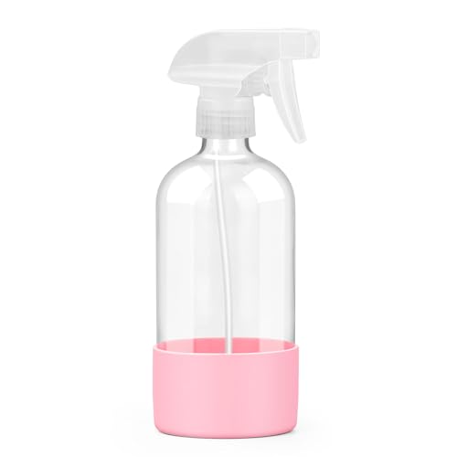 Worldgsb 1 Pack Glass Spray Bottles with Silicone Sleeve, 16 oz Empty Refillable Containers with Adjustable Spray Nozzles, Spray Bottles for Hair, Cleaning Solutions and Plants Pink