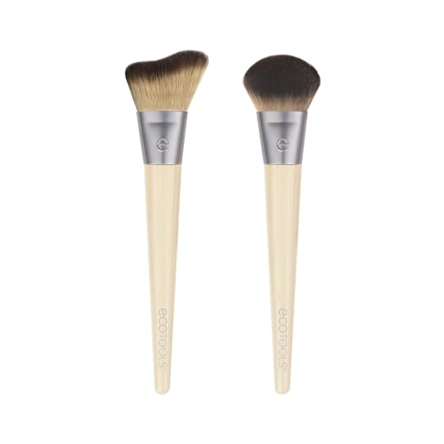 EcoTools Blush + Highlight Brush Duo, Makeup Brushes For Liquid, Cream, & Powder Highlight & Blush, Enhance Natural Skin, Eco-Friendly Makeup Brush Set, Synthetic Bristles, 2 Piece Set