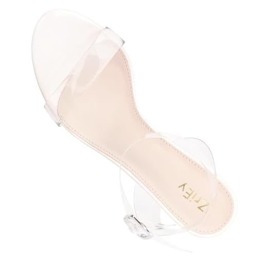 ZriEy Women's Clear Heels Clear Block Heeled Sandals Strappy Chunky 2.2 Inch Open Toe Adjustable Ankle Strap Pump Sandals for Weddings Parties Daily Wear Beige Size 6