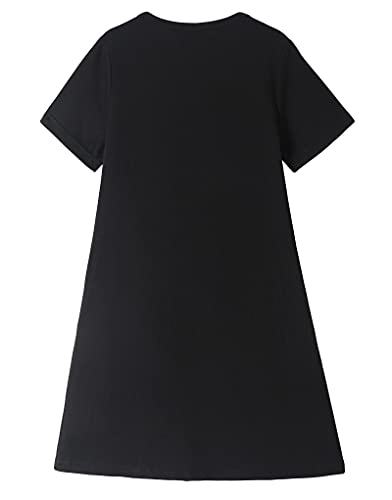 Hupohoi Big Girls' Short Sleeve Nightgown Lovely Cats Lazy Day Printed Sleep Dress PJS, Black-Cat, 12(US 8-11 Years)