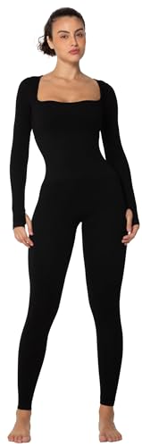 Sunzel Long Sleeve Bodysuits One Piece Jumpsuit for Women with Square Neck and Butt Scrunch Leggings Seamless Ribeed Rompers (28" Inseam, Small, Black)