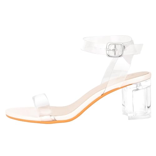 ZriEy Women's Clear Heels Clear Block Heeled Sandals Strappy Chunky 2.2 Inch Open Toe Adjustable Ankle Strap Pump Sandals for Weddings Parties Daily Wear Beige Size 6