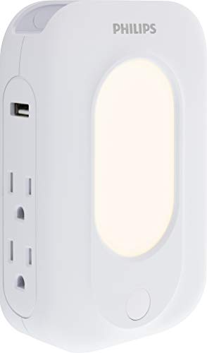 Philips 4-Outlet Extender 2-USB Surge Protector, Wall Adapter with Light-Sensing Night Light, Side Access, 3-Prong, Charging Station, SPP6241WC/37, White, 1 Pack