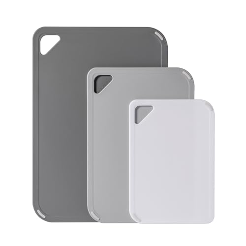 THETCHRY Plastic Cutting Board Set of 3-Cutting Boards for Kitchen BPA Free, Large-Small Chopping Boards Non-Slip for Cooking Camping Dishwasher Safe, Reversible, with Grip Handle, 15"×10"×0.6" Gray