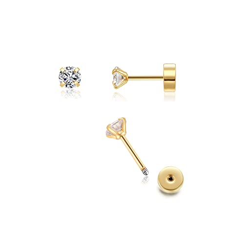 3mm Tiny CZ Screw on Flat Back Stud Earrings,Gold Plated Flat Back Cubic Zirconia Earrings for Helix Cartilage Tragus Earlobe Piercing Jewelry Gift for Women Girls Toddlers(3mm CZ, Gold)