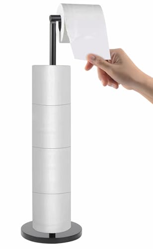 Toilet Paper Holder Stand with Weighted Natural Marble Base, Bathroom Free Standing Toilet Paper Roll Holder with Reserve, Standing Toilet Tissue Holder with Storage (Black, with Storage)