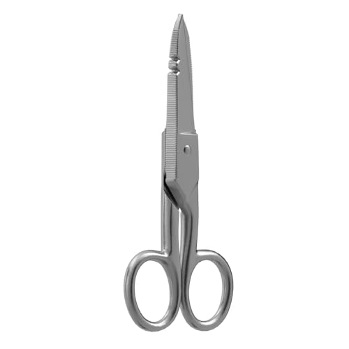 Klein Tools 2100-9 Stainless Steel Electrician Scissors, Made in USA, 5.25-Inch Free-Fall Handle Snips, Stripping Notches, Non-Slip Serrated Blade