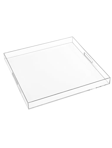 18×18 Inches Clear Acrylic Serving Tray with Handles Extra Large Ottoman Tray Decorative Trays Spill-Proof Coffee Table Space Saver Oversize Counter top Organizer Platter with Safe Edge