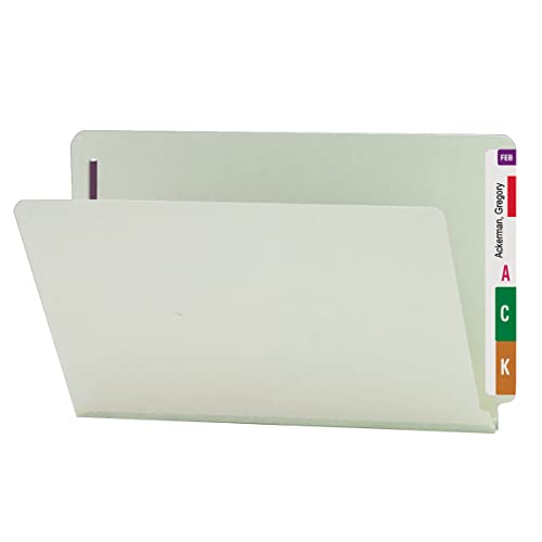 Smead End Tab Pressboard Fastener File Folder with SafeSHIELD Fasteners, 2 Fasteners, 1" Expansion, Legal Size, Gray/Green, 25 per Box (37705)