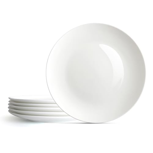 YFWOOD Ceramic Dinner Plates Set Of 6, 8 Inch Salad Plates, Contemporary Round Porcelain Tablewar, Suitable for Desserts, Appetizer, Pasta, Microwave Safe, Scratch Resistant Deep Plates - White