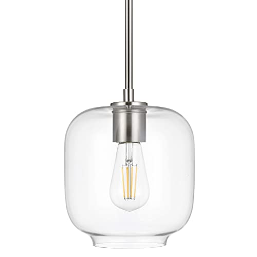 Linea di Liara Piarra Modern Glass Farmhouse Pendant Lighting for Kitchen Island and Over Sink Lighting Fixtures Brushed Nickel Pendant Light Hanging Ceiling Light Square Clear Glass Shade, UL Listed
