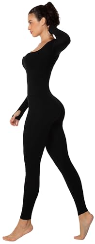 Sunzel Long Sleeve Bodysuits One Piece Jumpsuit for Women with Square Neck and Butt Scrunch Leggings Seamless Ribeed Rompers (28" Inseam, Small, Black)