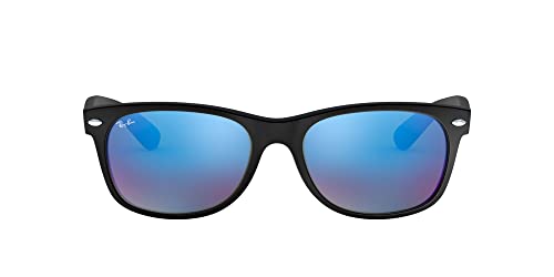 Ray-Ban RB2132 New Wayfarer Square Sunglasses, Rubber Black/Grey Mirrored Blue, 55 mm