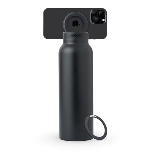 Ringo Insulated Water Bottle - Compatible MagSafe Water Bottle With Phone Holder - Stainless Steel Water Bottle With Magnetic Phone Tripod Mount - Hot 12H, Cold 24H, 360° Rotate - Black 24oz