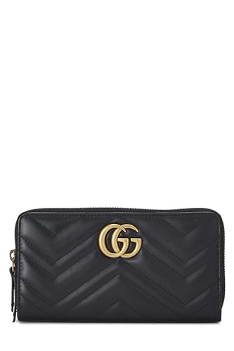 Gucci, Pre-Loved Black Chevron Leather GG Marmont Zip Wallet, Black