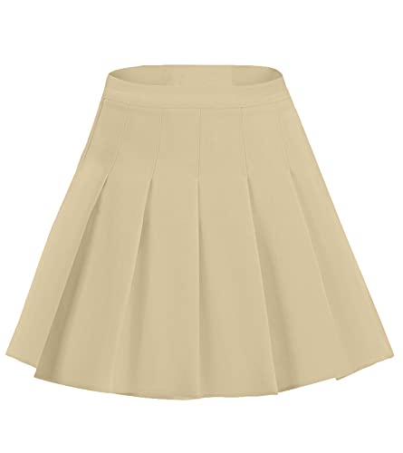 EXCHIC Women's High Waist Pleated Skater School Tennis Skirts (S, Beige)