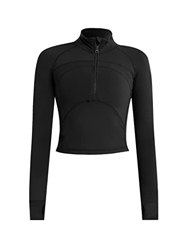 UANEO Long Sleeve Cropped Workout Tops for Women Gym Yoga Athletic Tops 1/2 Zip Jackets (Black-XS)