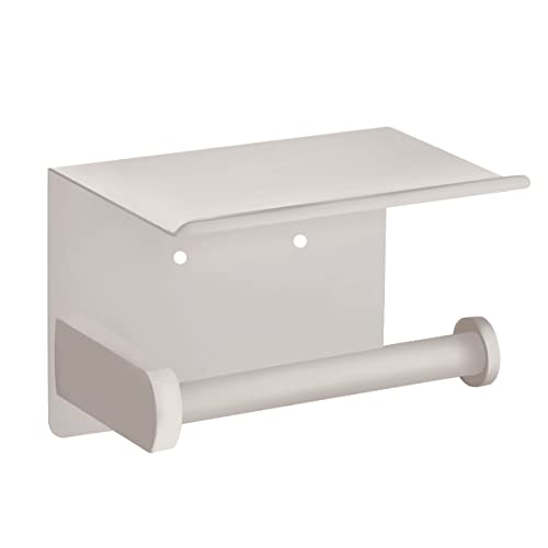 VAEHOLD Self Adhesive Toilet Paper Holder with Phone Shelf SUS 304 Stainless Steel Wall Mounted Toilet Paper Roll Holder - Rustproof and Bathroom Washroom Tissue Roll Holder with Shelf -Beige