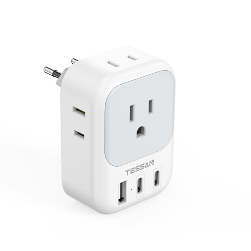 TESSAN European Travel Plug Adapter, International Power Plug with 4 AC Outlets 3 USB Ports, US to Most of Europe Euro EU Italy Spain France Iceland Germany Greece Portugal Charger Adaptor, Type C