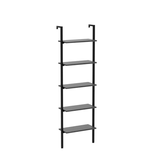 ODK Ladder Shelf, 5 Tier Black Bookshelf, 72 Inch Wall Mounted Book Shelf with Metal Frame, Ladder Bookshelf Bookcase for Bedroom, Home Office and Living Room