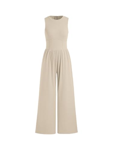 CIDER Jumpsuit for Women Sleeveless Wide Leg Overalls Casual Solid Crew Neck One Piece Outfits with Pockets 2024 Summer