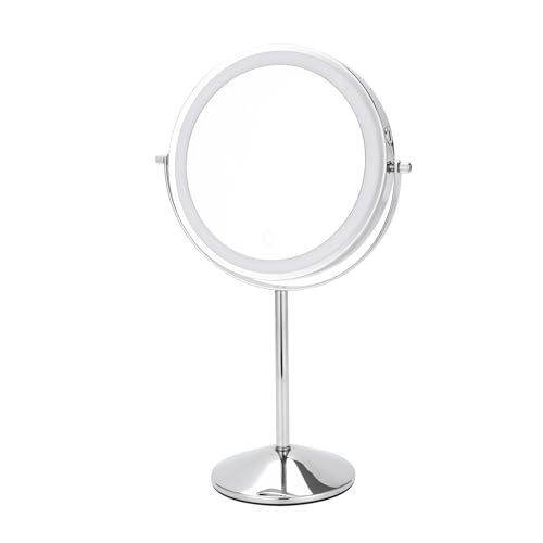 FFowcye 8" Lighted Makeup Mirror with Adjustable Height, 1X/10X Magnification, Rechargeable LED Vanity Mirror with 3 Color Modes, 360° Rotating Touch Screen, Magnifying Tabletop Cosmetic Mirror