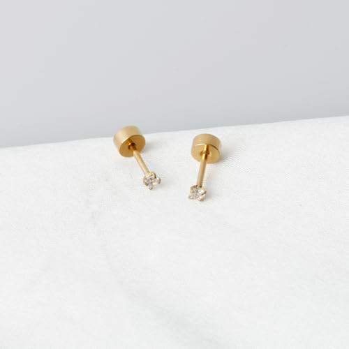 14K Gold Flat Screw Back Stud Earrings Small Cubic Zirconia Earrings for Helix Cartilage Tragus Earlobe Piercing, 2MM