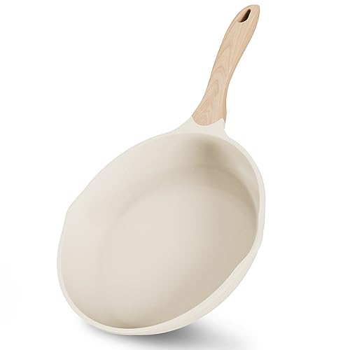 JEETEE 8 Inch Nonstick Frying Pan, Stone Coating Cookware, Nonstick Omelette Pan with Heat-Resistant Handle, Induction Skillet for Eggs(Beige)