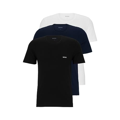 BOSS Mens 3-Pack Crew Neck Cotton Jersey T-Shirts, Blue Navy, Dark Grey, Soil Black, Small US