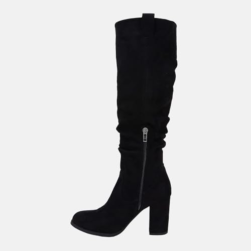 Juliet Holy Women's Knee High Boots Chunky Block Heel Wide Calf Round Toe Side Zipper Fashion Dress Boot