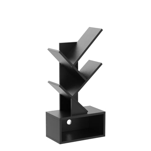 Hoctieon 3 Tier Tree Bookshelf, Small Bookcase with Drawer, Desktop Book Shelf, Display Floor Standing Storage Shelf, Book Organizer Shelves for Home Office, Black