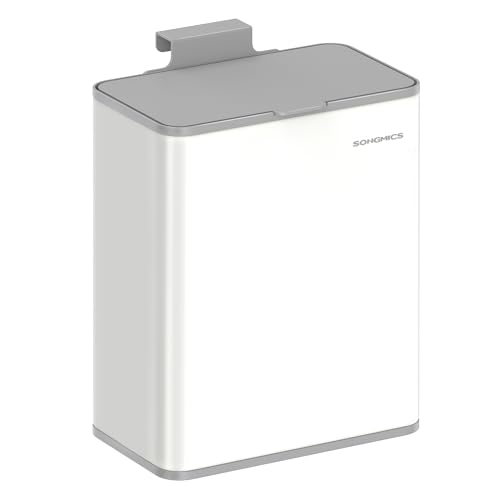 SONGMICS Hanging Trash Can, 2.1-Gallon (8 L) Small Kitchen Garbage Can with Lid, Cabinet Door Hanging or Wall-Mounted with Hooks, for Under Sink, Bathrooms, Cloud White ULTB810W01