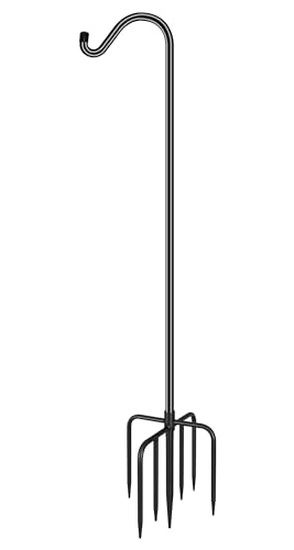 FEED GARDEN Adjustable Outdoor Shepherds Hook Bird Feeder Pole with 7 Prongs Base, 60 Inch Tall Heavy Duty Shepard Hook Stand for Hanging Bird Feeders, Plant Baskets, Black (1 Pack)
