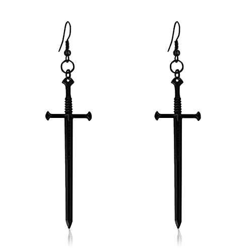 KVANU Unique Handmade Punk Gothic Long Dagger Sword Earrings Personalized Vintage Silver Knife Dangle Drop Earrings for Women Trendy Men Statement (Black)